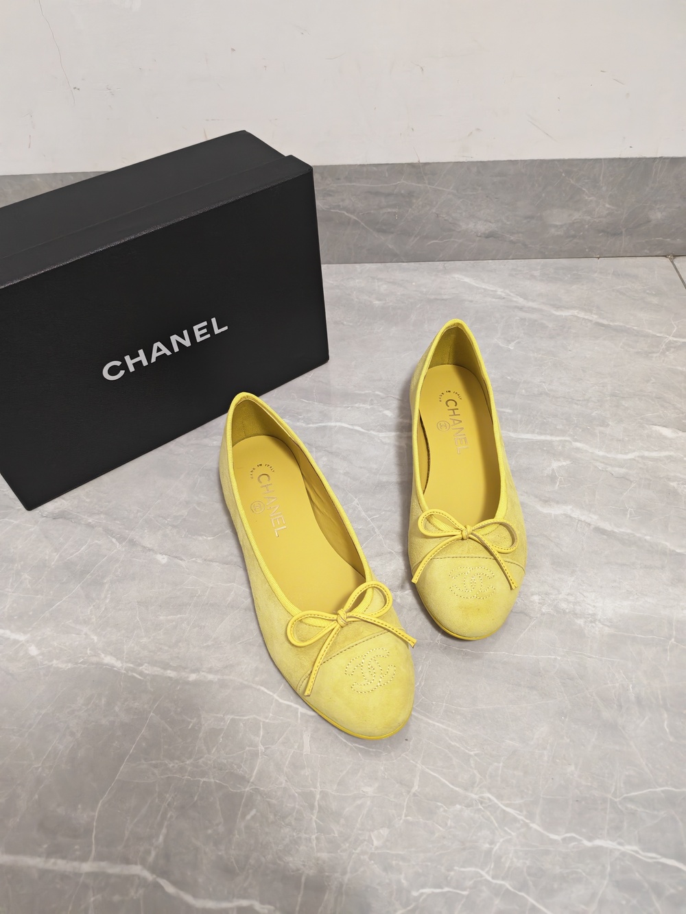 Chanel Yellow Suede Bow Ballet Flats